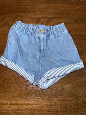 Zara Light Blue Denim Elastic-Waist Shorts with Striped Cuff